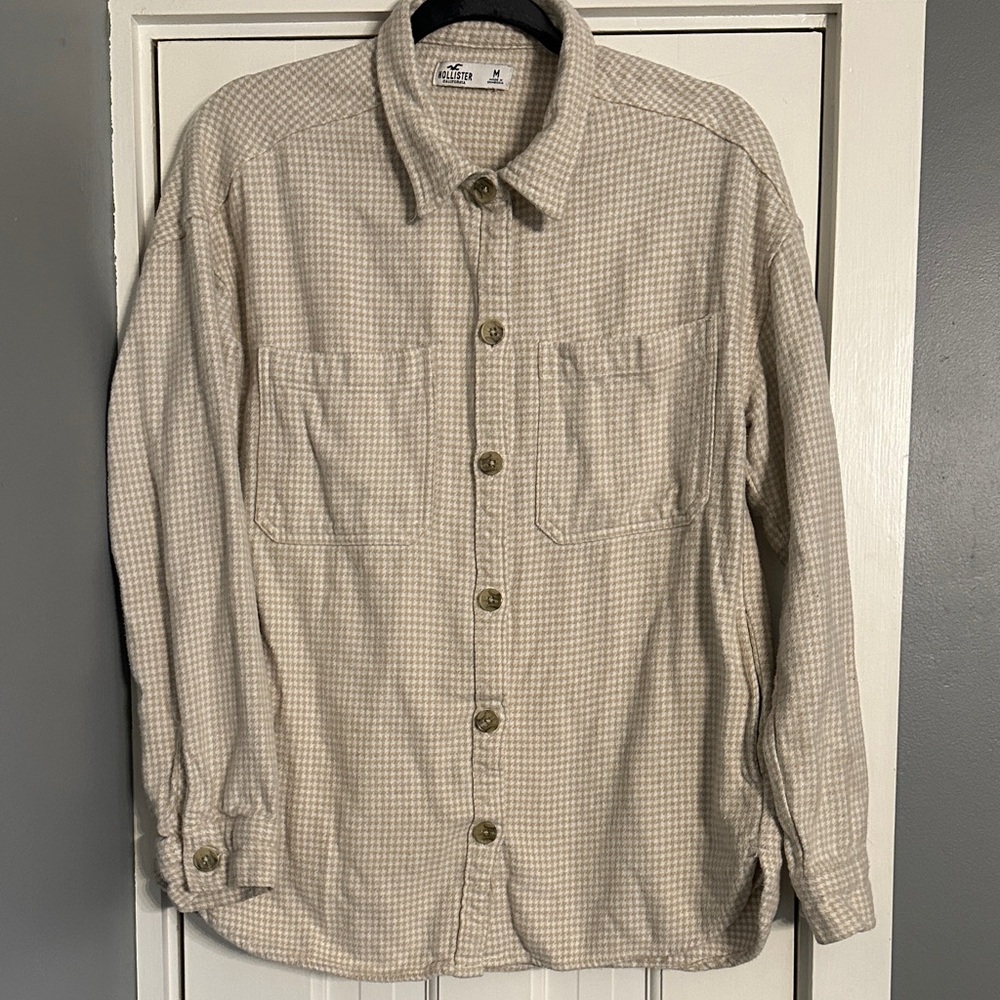 Hollister 100% Cotton Houndstooth Flannel Shacket Cream Tan Oversized M